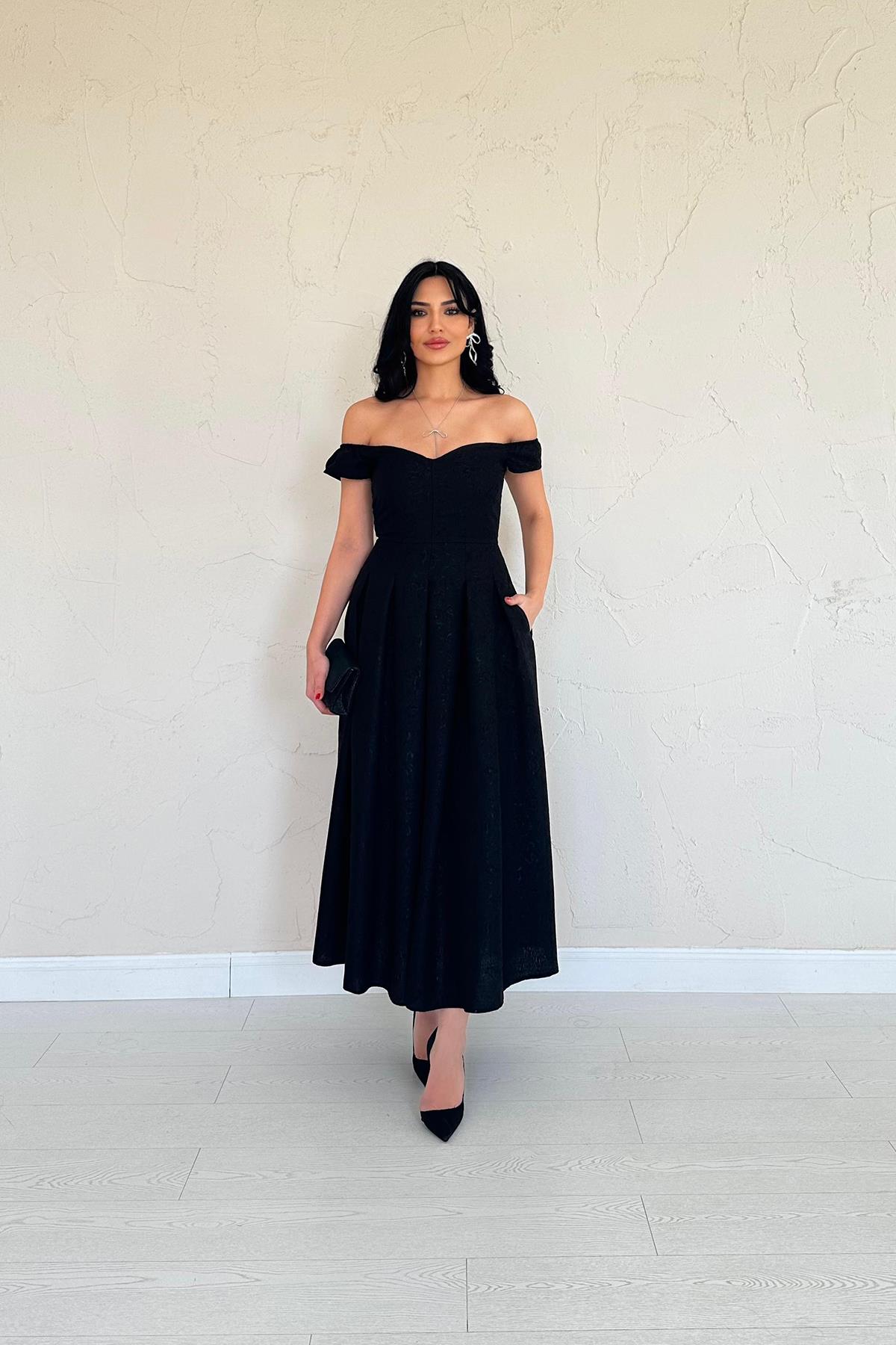 Schwarzes Off-Shoulder-Jacquard-Midikleid – Sommerliche Eleganz im klassischen Stil