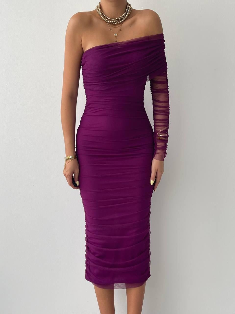 Lila One-Shoulder-Drapé-Midikleid – Geformte Eleganz für jede Saison