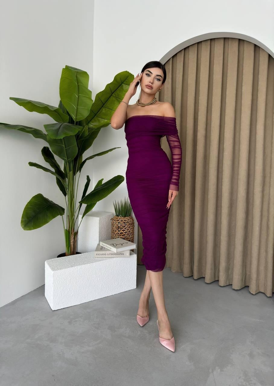 Lila One-Shoulder-Drapé-Midikleid – Geformte Eleganz für jede Saison
