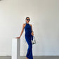 Blaues Rückenfreies Neckholder-Maxikleid – Elegante Raffungen und Bindedetails